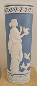 Vintage Jasperware Wedgwood Blue Oval Vase 8.5" Tall Woman Feeding Birds Doves - Picture 1 of 9
