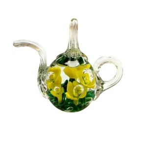 Vintage Joe Hamon St. Clair Glass Teapot Paperweight Yellow Flower, Green Accent - Picture 1 of 9