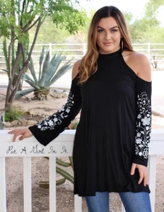 Neu Damen SCHWARZ BLUMEN PUFF SIEBDRUCK KALTE SCHULTER TUNIKA SHIRT USA S M L - Bild 1 von 7