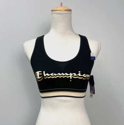 Champion Black Gold Logo Print Athletic Sports Bra Racerback Design Size Small - Image 1 of 4