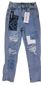 NWT Simple Society Bandana Patchwork Patch Distressed High Rise Jeans 3/26 32415 - Picture 1 of 16