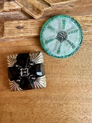 Antique Art Nouveau Czech Carnival Glass Mixed Iridescent Black Green Button Lot - Image 1 of 4