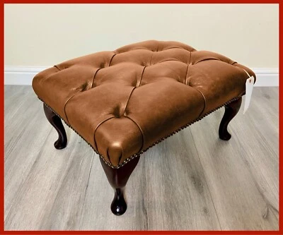 Chesterfield Queen Anne Button Tan Faux Leather Footstool - Image 1 of 4