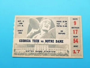 GEORGIA TECH at NOTRE DAME - COLLEGE FOOTBALL TICKET - 1940 - Picture 1 of 2