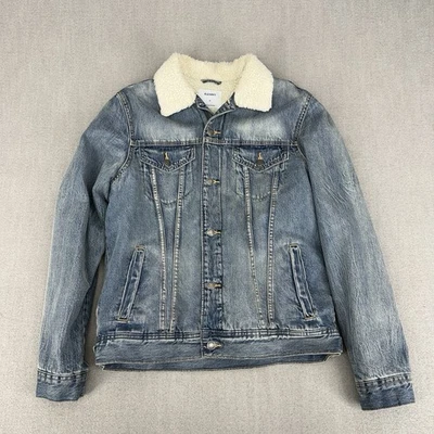 Chaqueta de Jean Retro Antigua Azul Marino Para Hombre M Denim Sherpa Forrada de Vellón Camionero Desteñido Azul Foto 1 de 4
