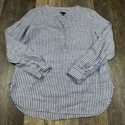 Top túnica Talbots para mujer XS de lino con cuello de banda popover azul a rayas manga larga Foto 1 de 4