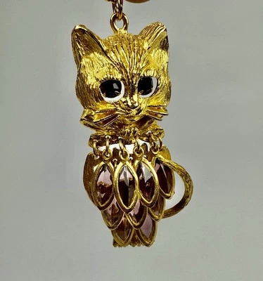 "Collar colgante vintage gato tono dorado topacio púrpura oscuro dije joyería de 17,5""" Foto 1 de 4