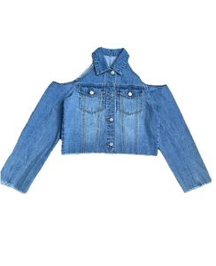 Women’s Cold Shoulder Cropped Denim Jacket – UK 10 – Y2K Festival Style - Picture 1 of 7