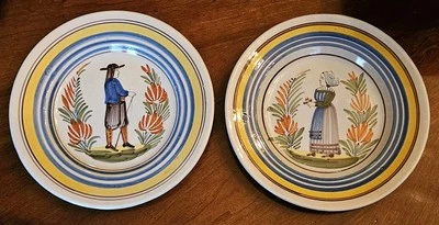 Antique 1800s Pair Henriot Quimper Plates With Petit Breton Man & Woman - Image 1 of 4