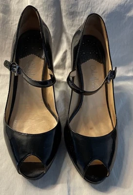 Cole Haan Black Patent Leather Peep Toe Pumps 3” Heels Size 6B Adjustable Strap - Image 1 of 4