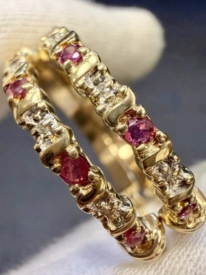 Vintage 10k Yellow Gold Natural Diamond and Ruby Large Hoop Earrings - Image 1 of 4