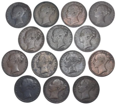 1838 - 1858 Farthings Lot (14 Coins) - Victoria British Copper Coins - Image 1 of 2