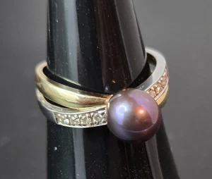 Plum Tahitian Pearl Diamond 14k White & Yellow Gold Ring 4g Size 6.5 - Picture 1 of 18