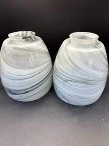 Pair Swirl Art Glass Light Covers Shades Gray White Black Marble Look 6” Tall - Picture 1 of 8