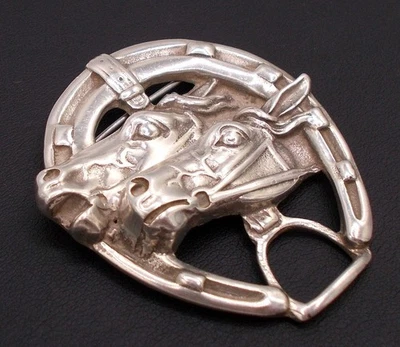 Broche grande vintage de plata esterlina 3D cabezas de caballo declaración de herradura 25 gramos Foto 1 de 4