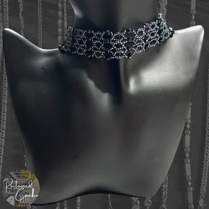 Blue Gray and Black Beaded Lattice Choker Adjustable Necklace Womens Jewelry Y2K - Picture 1 of 4
