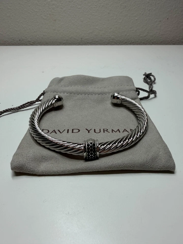 David Yurman Sterling Silver 7mm Pave Black Diamond Cable Cuff Bracelet SZ:M - Image 1 of 4