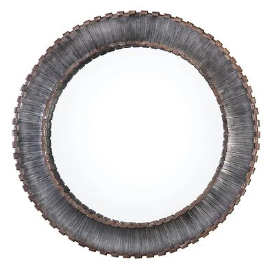 Contemporary Silver Bronze Metal Strips Round Wall Mirror | Large 46" Industrial - Image 1 of 2