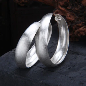 Real Pure S925 Sterling Silver 925 Round Circle Wide Women Earrings 43*10mm 11g - Picture 1 of 10