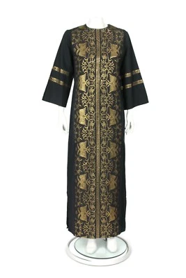 Vtg 70s Haracopoulos Greek Black Gold Metallic Thread Cotton Maxi Dress sz M 091 - Image 1 of 4