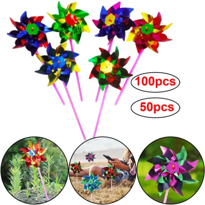 50-100X Plastic Windmill Pinwheel Wind Spinner Kids Toy Lawn Garden Decor Gifts - Image 1 of 4