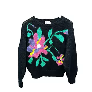Hand Knit Sweater Black Vibrant Multicolor Floral Pattern M Granny Cottagecore - Picture 1 of 7