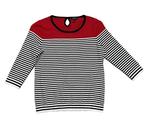 Talbots Color Block Knit Sweater Red Black White Stripe 3/4 Sleeve Sz MP EUC - Picture 1 of 7