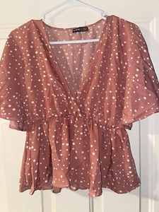 Shein Shirt Womens Medium White Polka Dots Short Sleeve Crop Ruffles Pullover - Picture 1 of 2