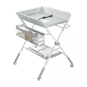 Portable Baby Changing Table Foldable Diaper Change Table with Wheels Grey - Picture 1 of 9