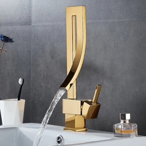 Grifo de fregadero de baño dorado cubierta de lavabo montado mango único grifo mezclador en cascada - Imagen 1 de 4
