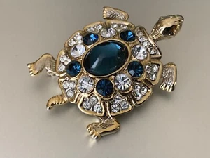 Beautiful French Creator Brooch - Tortoise - Crystal. Blue Glass Cabochon 5cm - Picture 1 of 5