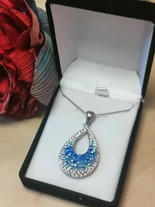 Collana Donna Argento 925 Ciondolo Pendente Goccia Zirconi Blu Azzurro Lucente - Foto 1 di 11