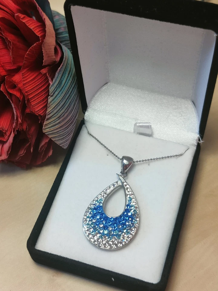 Collana Donna Argento 925 Ciondolo Pendente Goccia Zirconi Blu Azzurro Lucente  - Immagine 1 di 4