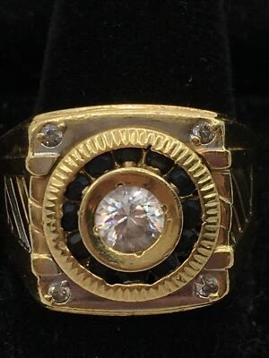 Anillo de sello sólido de oro de dos tonos de 14K con circonita cúbica blanca y negra para hombre 10,6 gr. Talla 10 Foto 1 de 4