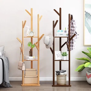 Stable Bamboo Coat Rack Floor Tree Hat Jacket Scarf Hanger w 3 Shelves &10 Hooks - Picture 1 of 14