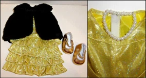 "MUÑECA 18" 4 PIEZAS TRAJE DE FIESTA NOCHE ROPA Vestido Dorado Capa de Piel Zapatos Perlas ¡NUEVO! - Imagen 1 de 5
