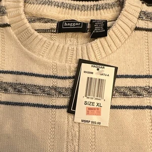 Haggar Knit Sweater Men's XL Natural Cream Crew Neck Blue Pattern on Cream - Picture 1 of 4
