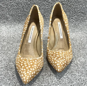 Diane Von Furstenberg Heels Women's 7.5 Calf Hair Shoes Tan White Animal Print - Picture 1 of 10