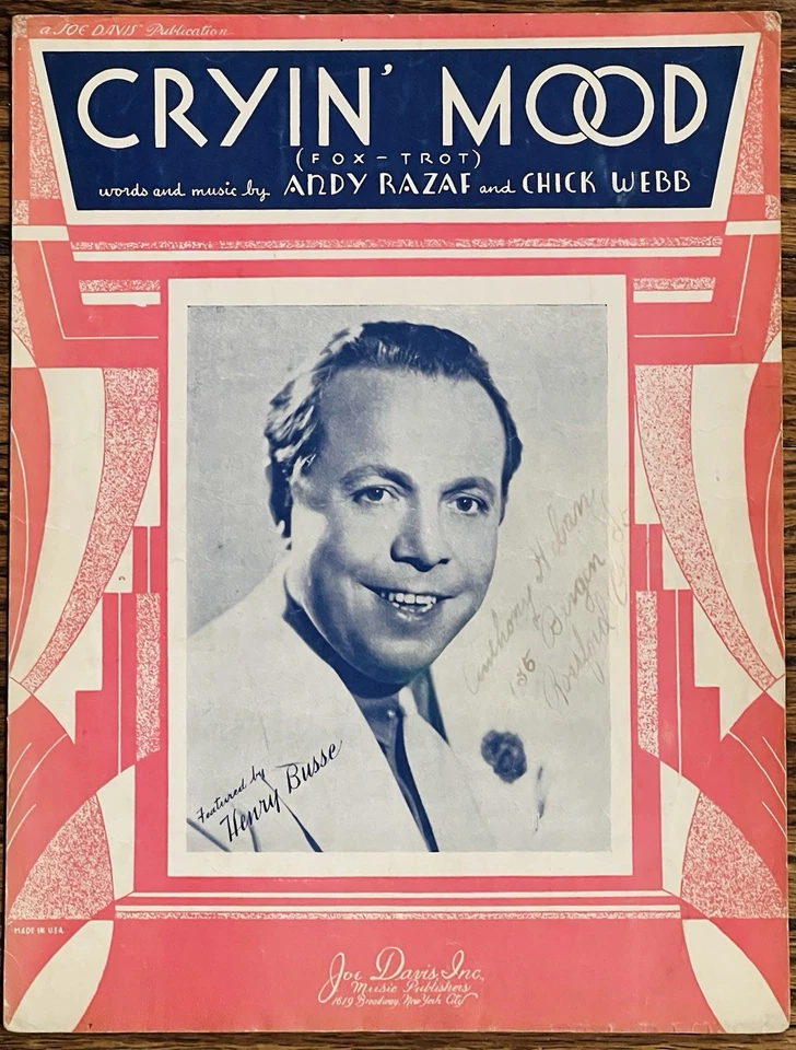 BLACK JAZZ compositores ANDY RAZAF y CHICK WEBB partituras CRYIN' MOOD ~ 1937 Foto 1 de 1