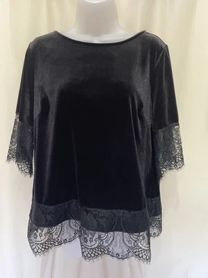 The Limited Women’s M Black Stretch Velvet  Lace Trim Top - Image 1 of 4