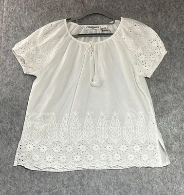 Blusa New Direction Mujer PL Blanca Ojales Bordada Campesina Boho Top Pequeña L Foto 1 de 4