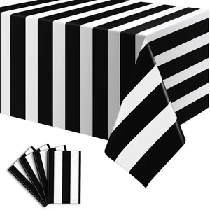 4 Pack Black and White Striped Tablecloth, 54 x 108 Inch Waterproof Disposabl... - Picture 1 of 7