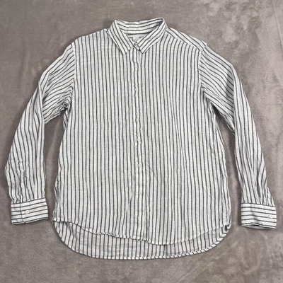 Camisa Uniqlo Mujer Grande Blanca Azul Rayas Abotonada Manga Larga 100% Cáñamo Foto 1 de 4