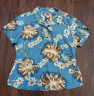 Camisa hawaiana Hilo Hattie para mujer pequeña 100 % seda azul manga corta Foto 1 de 4