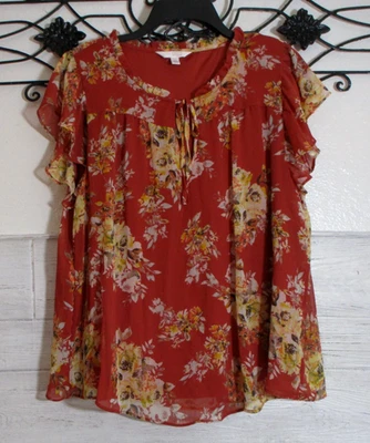 Женский топ LC Lauren Conrad размер XL с коротким рукавом разноцветный цветочный круглый вырез - Изображение 1 из 4