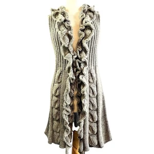 Anthropologie Sioni Cardigan Women's M Ruffled Long Sleeveless Chunky Boho Vest - Picture 1 of 8