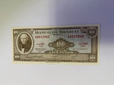 Billetes MEX: El Banco de México S.A, 100 Pesos 1972 Serie BQU 1-A-14 X Foto 1 de 2