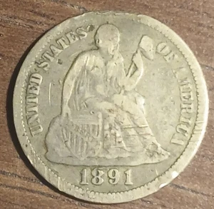 Moneda de diez centavos Seated Liberty 1891 (F) dañada #490 - Imagen 1 de 2