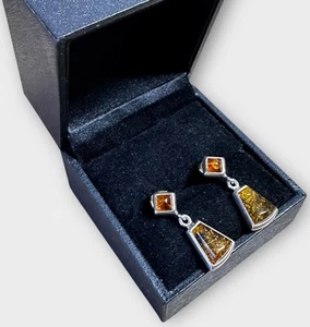 Vintage Earrings Sterling Silver 925 Amber Drop Dangle Costume Jewellery Gift - Picture 1 of 5