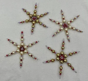 Set Of 4 Beaded Snowflake Christmas Ornaments Golden Glass Pearls 4-5” - Picture 1 of 6